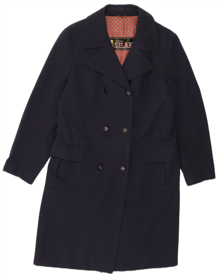 Cappotto doppiopetto vintage da donna UK 14 medio in lana vergine blu navy