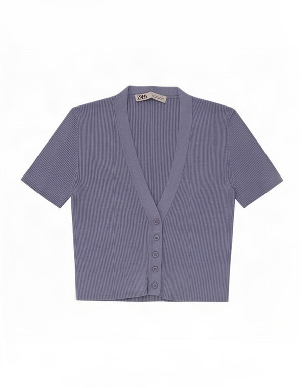 Zara Womens Crop Kortærmet Cardigan Top UK 12 Medium Blue Viscose