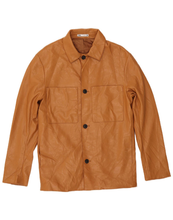 Zara Mens Faux Leather Jacket UK 36 Small Brown Polyurethane