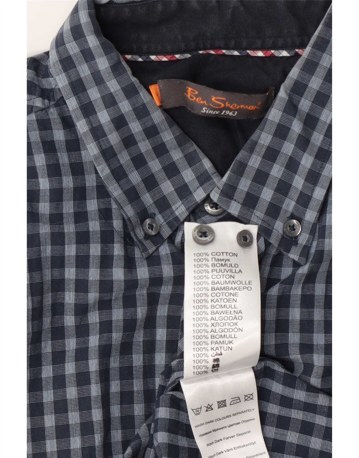 Ben Sherman Mens Shirt Large Navy Blue Gingham Cotton