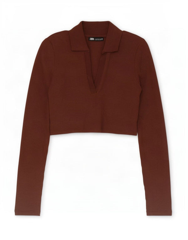 Zara ženska kraća polo majica dugih rukava UK 8 Mala smeđa pamuk