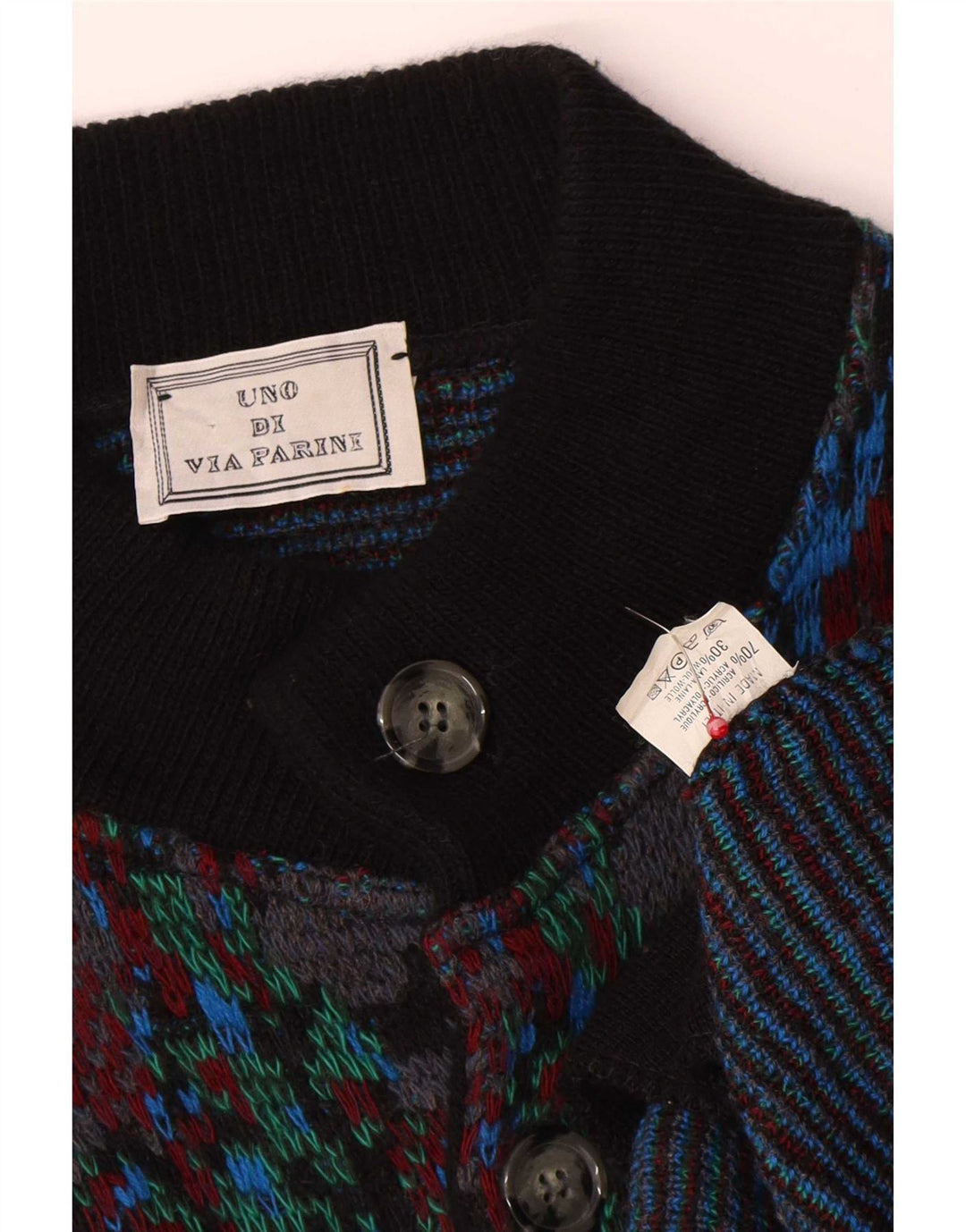 Suéter cardigã vintage masculino com padrão abstrato de lã multicolorida média