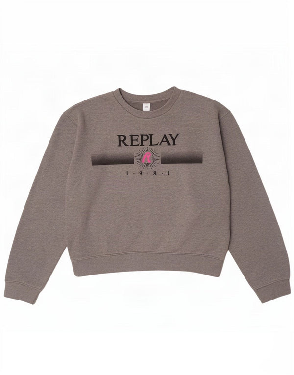 Replay Womens Crop Graphic Sweatshirt Jumper UK 14 Medium Grey Flecked