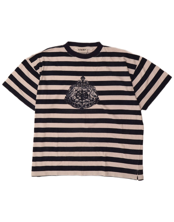 NANI BON Womens Graphic T-Shirt Top IT 52 2XL Navy Blue Striped Cotton