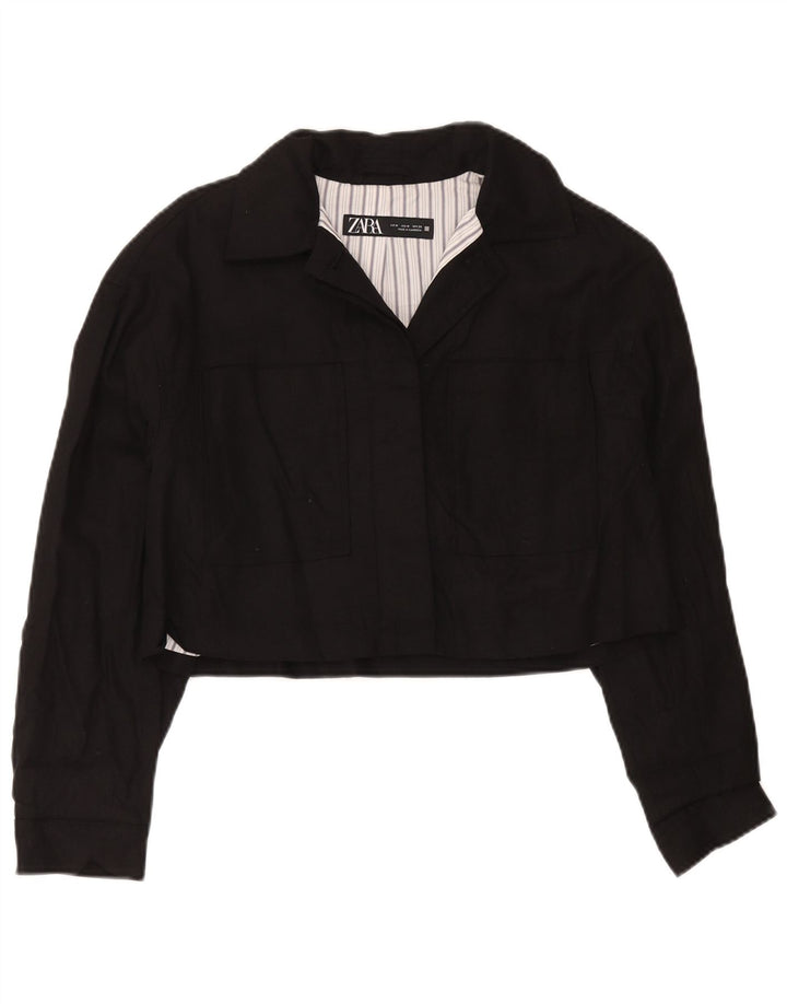 Zara Mujer Crop Bomber Jacket UK 10 Medium Black Viscosa