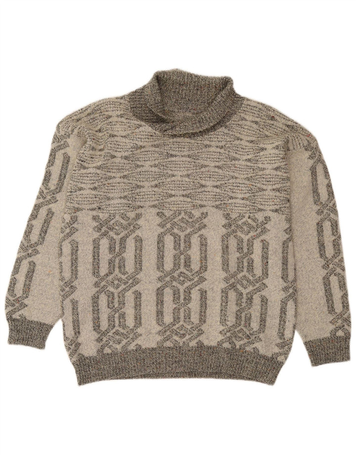 Vintage Mens Shawl Neck Jumper Sweater Small Grey Geometric Acrylic