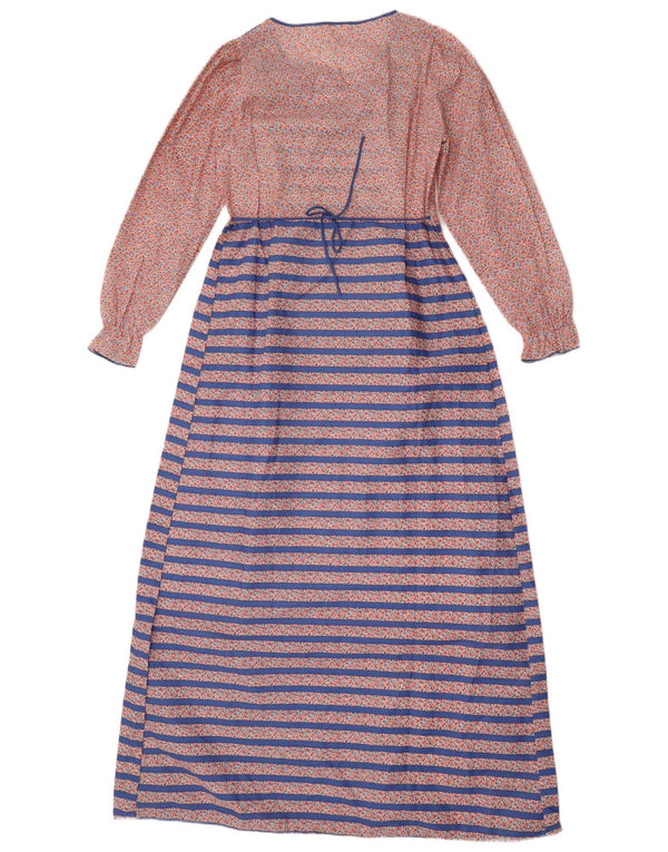 vintage Femme Manches Longues Maxi Robe UK 14 Polyester Rayé Bleu Moyen