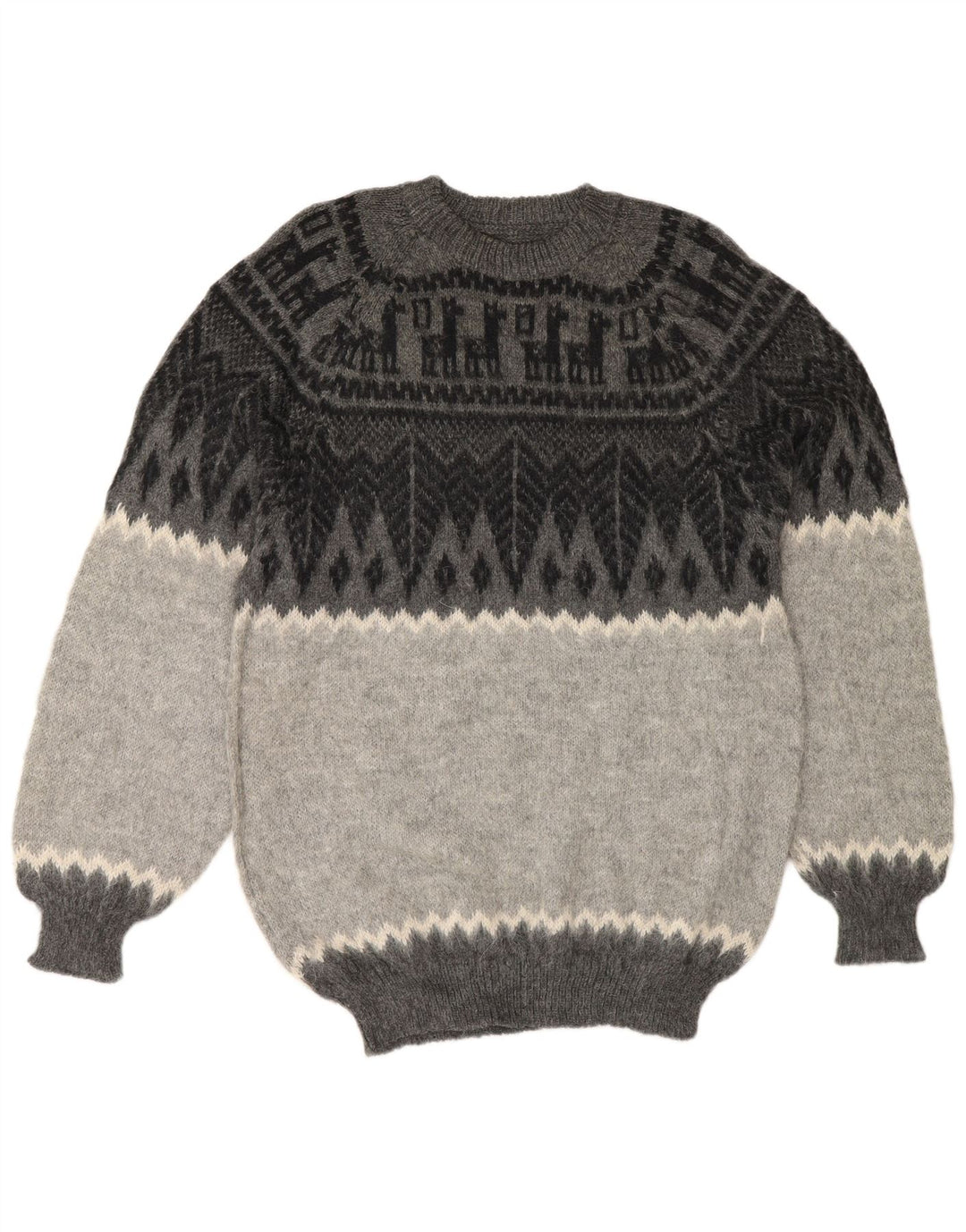 Vintage Mens Crew Neck Jumper Sweater Small Grey Geometric