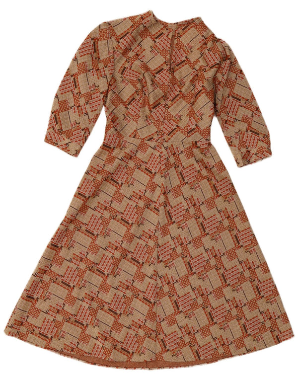 Vintage kvinders 3/4 ærmer A-line kjole UK 10 Small Brown Geometric