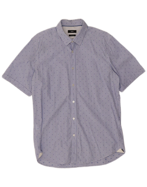 Hugo Boss Mens Short Sleeve Regular Fit Shirt Large Blue Pinstripe Cotton