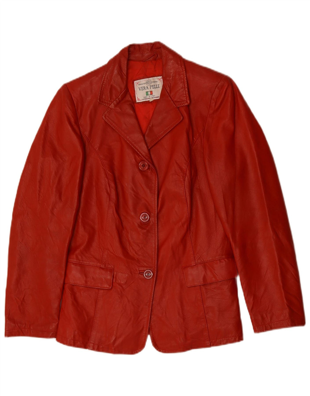 VINTAGE Womens 3 Button Leather Blazer Jacket IT 42 Medium Red Leather