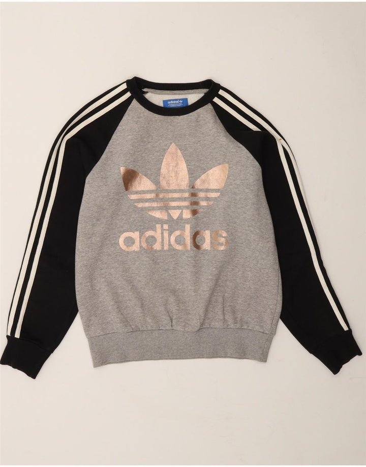ADIDAS Womens Graphic Sweatshirt Jumper UK 14 Medium Grey Colourblock
