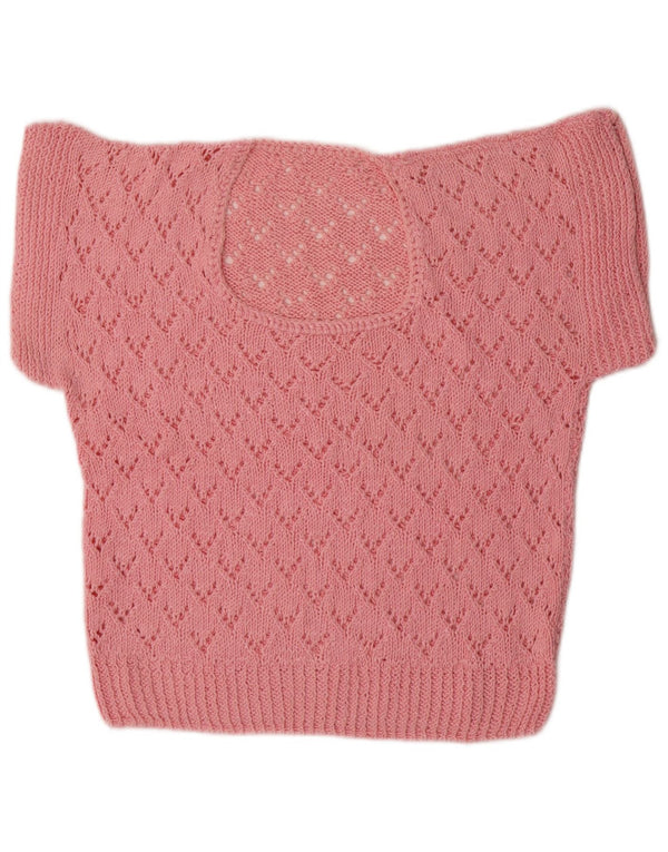 Vintage damski sweter z krótkim rękawem i dekoltem w łódkę UK 16, duży różowy