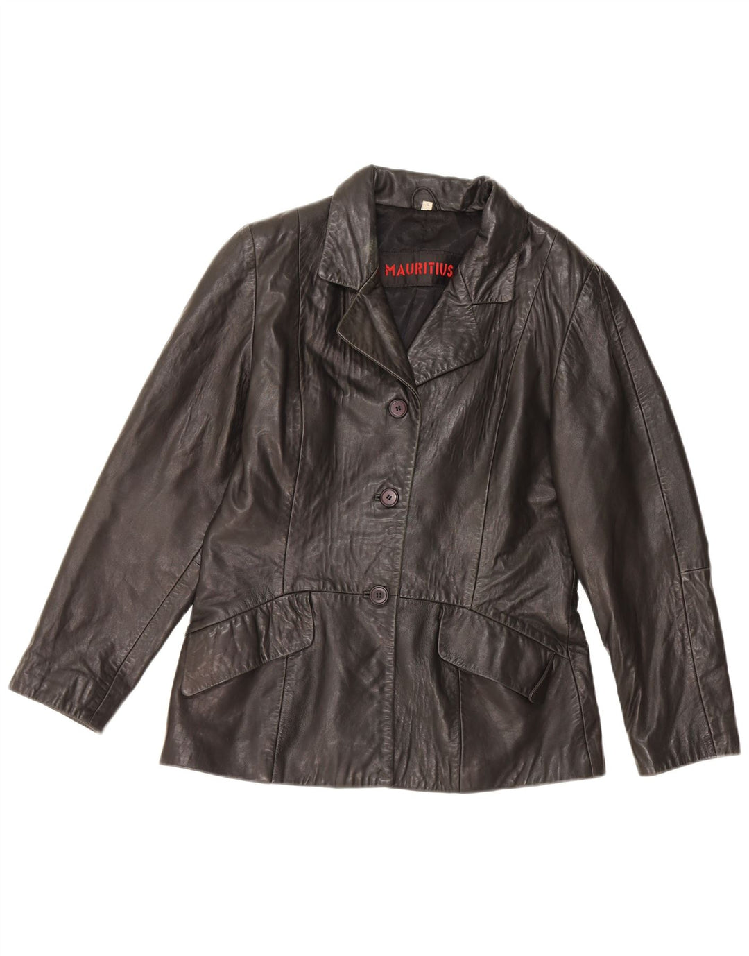MAURITIUS Womens 3 Button Leather Blazer Jacket UK 18 XL Black Leather