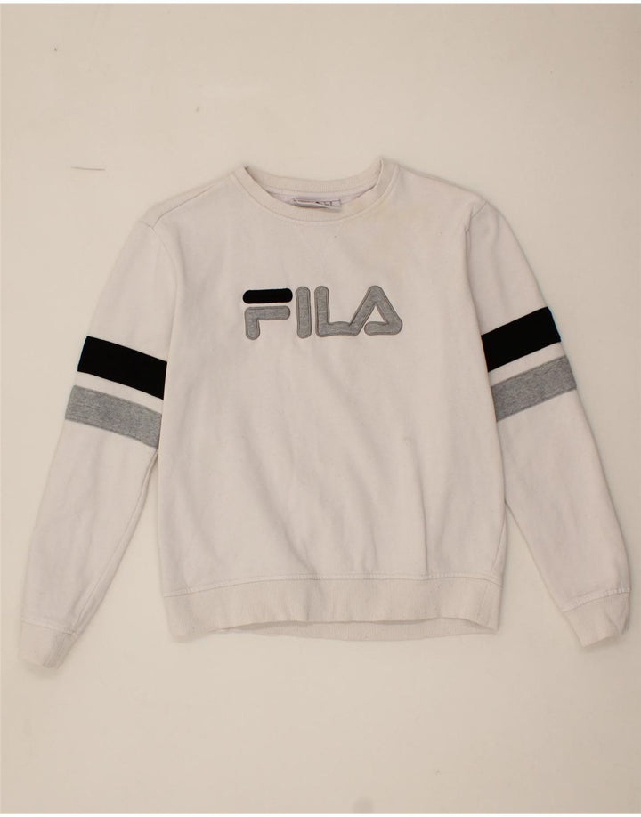 FILA Womens Graphic Sweatshirt Jumper UK 14 Medium White Cotton Vintage Fila and Second-Hand Fila from Messina Hembry 