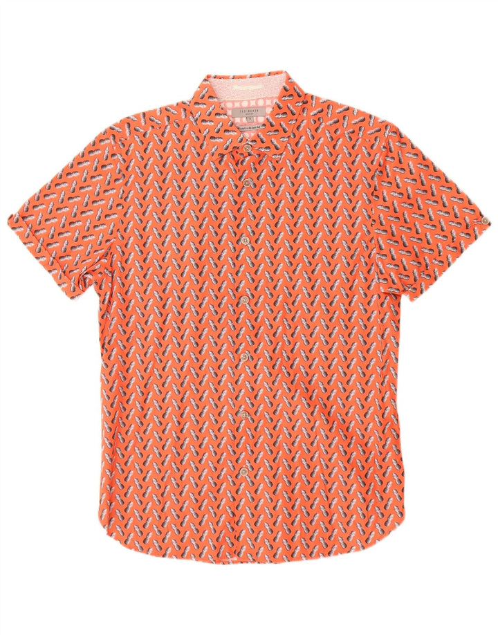 Camisa masculina Ted Baker com estampa abstrata de manga curta tamanho 3 médio laranja