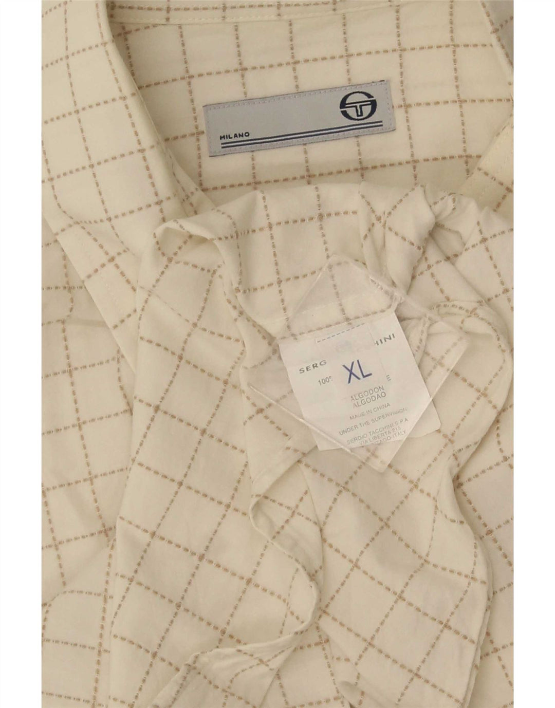 Sergio Tacchini Mens Short Sleeve Shirt XL White Check Cotton