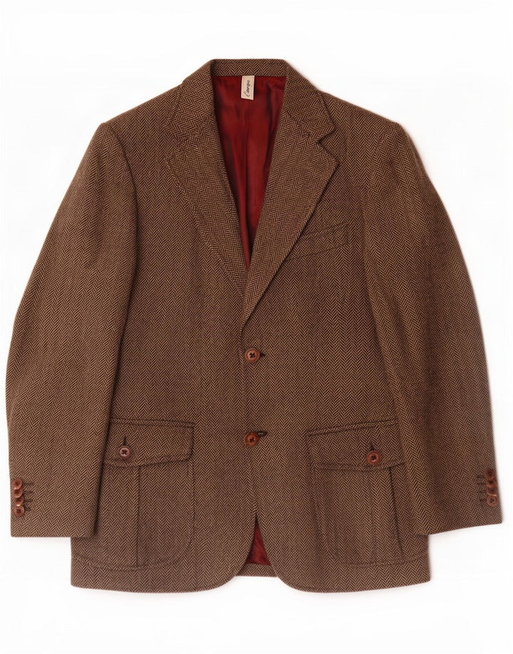 Vintage hombres 2 botones Blazer chaqueta IT 46 pequeña lana de espiga marrón