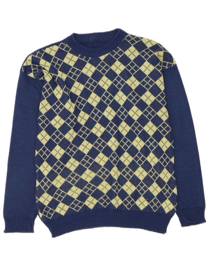 Vintage Mens Boat Neck Jumper Sweater Medium Navy Blue Argyle/Diamond