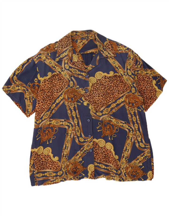 Vintage Womens Abstract Pattern Shirt Blouse UK 18 XL Navy Blue
