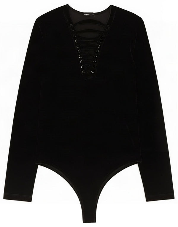 Vintage Damen Langarm-Samt-Bodysuit UK 10 Small Schwarz Polyester