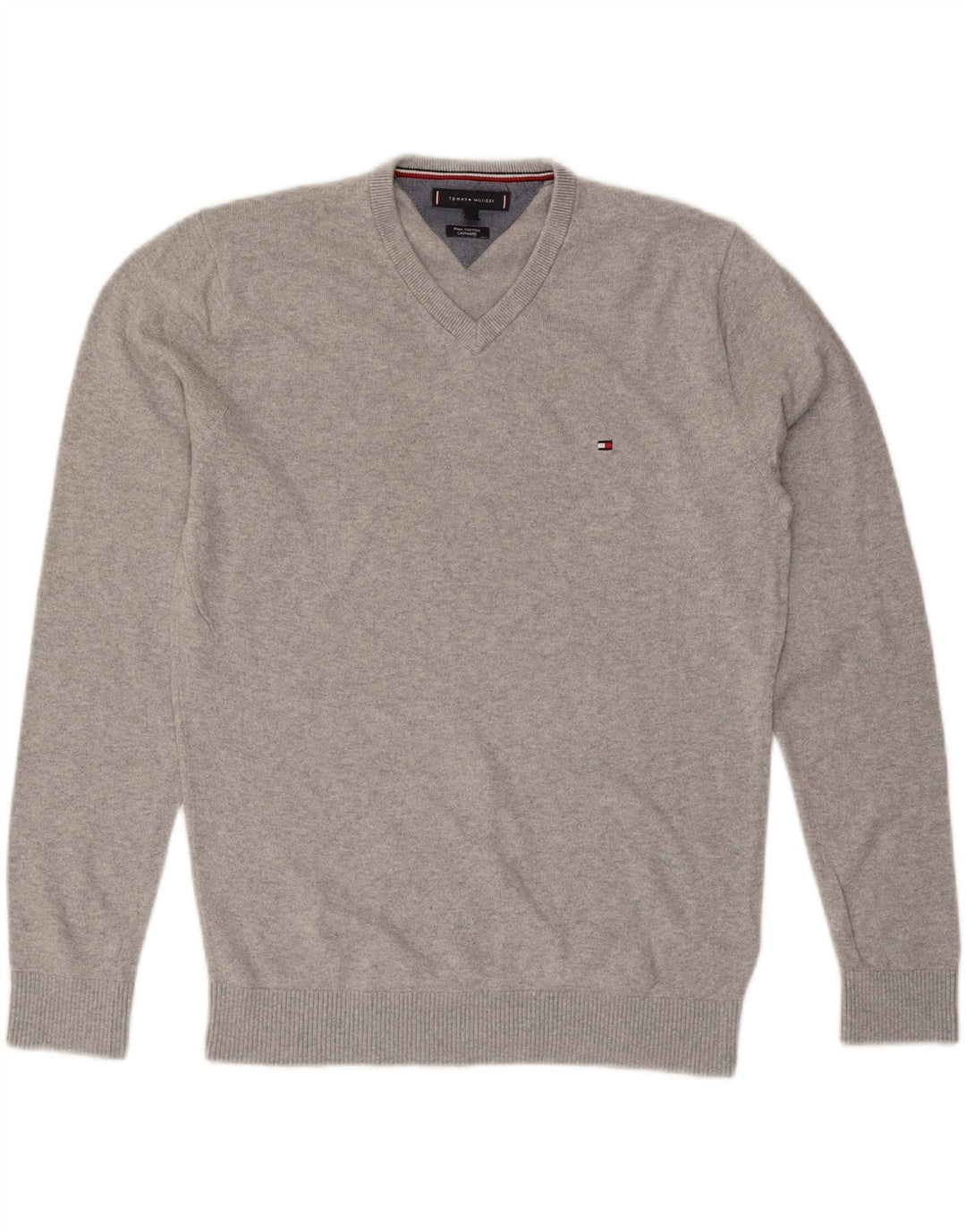 TOMMY HILFIGER Mens V-Neck Jumper Sweater Medium Grey Cotton Vintage Tommy Hilfiger and Second-Hand Tommy Hilfiger from Messina Hembry 