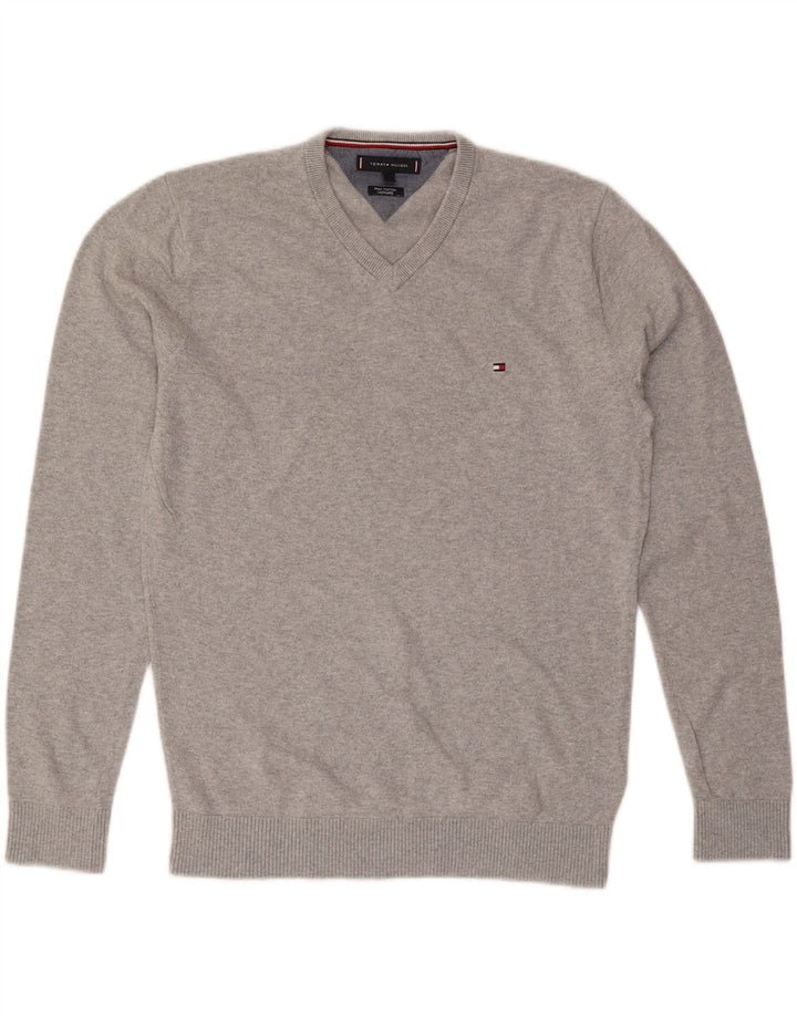 TOMMY HILFIGER Mens V-Neck Jumper Sweater Medium Grey Cotton Vintage Tommy Hilfiger and Second-Hand Tommy Hilfiger from Messina Hembry 