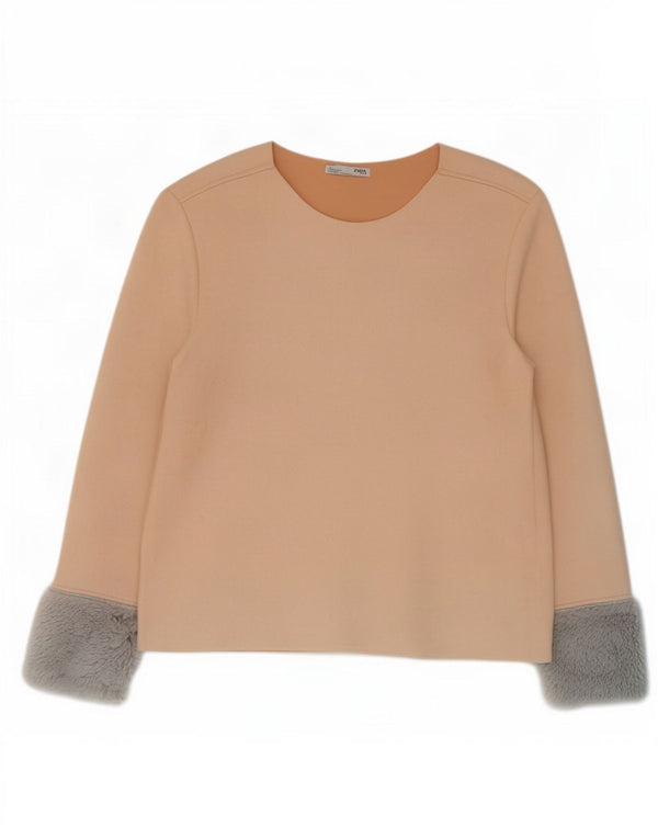 Zara Womens Blouse Top UK 12 Medium Beige Colourblock