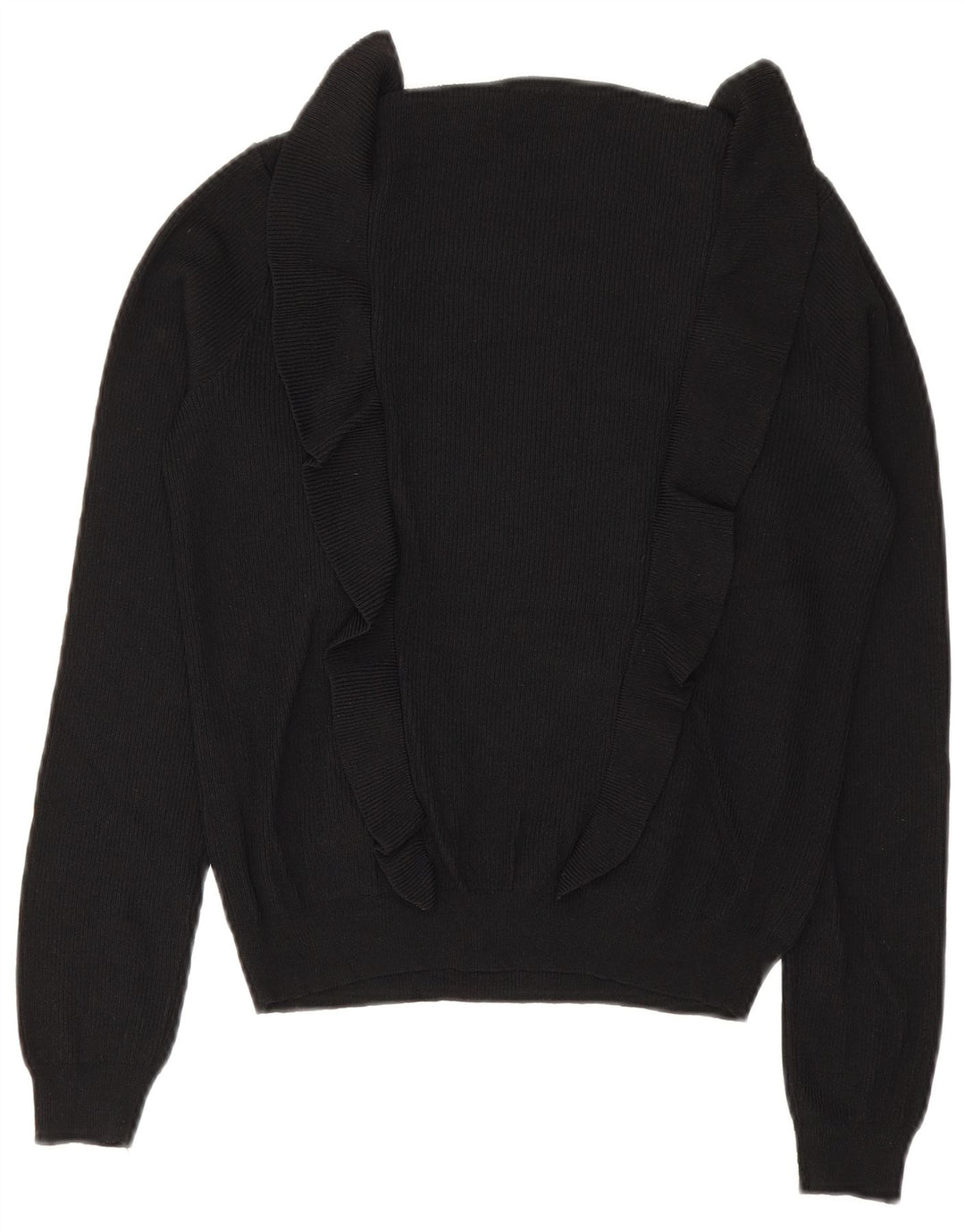 Zara Womens Ruffle Front Crew Neck Jumper Sweater UK 12 Medium Black