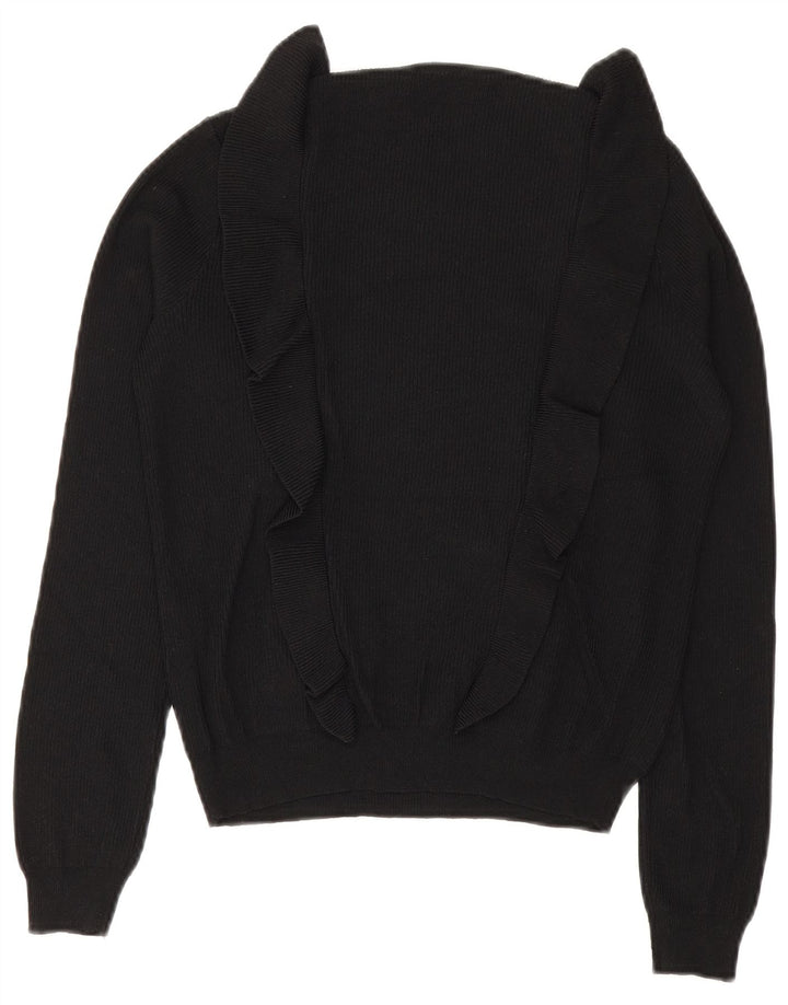 Zara Womens Ruffle Front Crew Neck Jumper Sweater UK 12 Medium Black