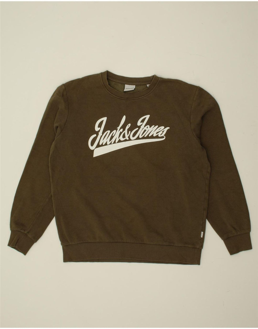 JACK & JONES Mens Graphic Sweatshirt Jumper Medium Khaki Cotton Vintage Jack & Jones and Second-Hand Jack & Jones from Messina Hembry 