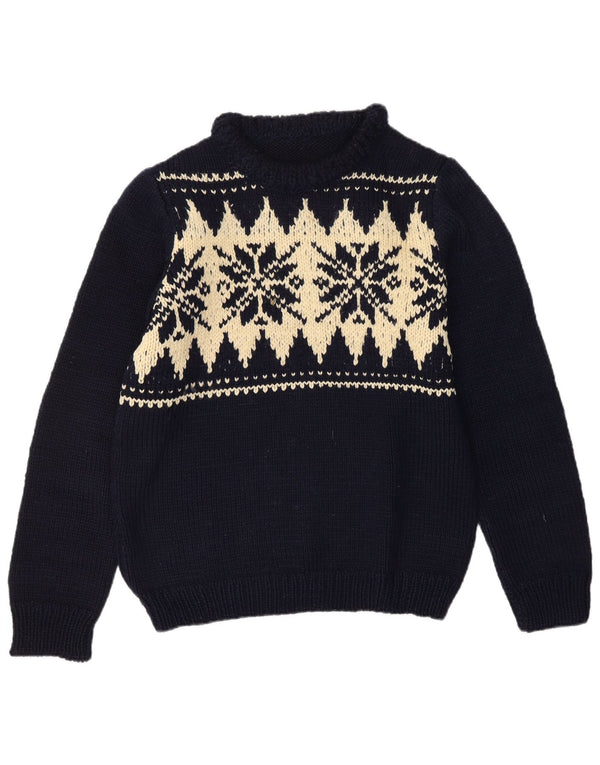 VINTAGE Dame sweater med rund hals DK 16 Large Navy Blue Fair Isle