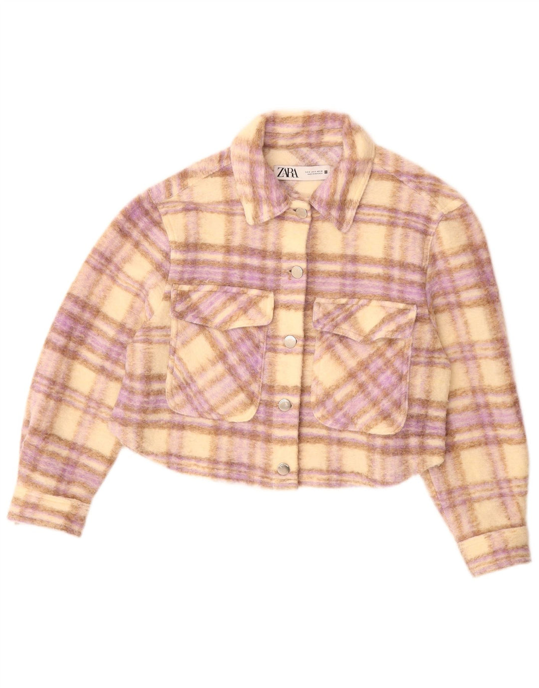 ZARA Womens Oversized Crop Bomber Jacket UK 10 Small Beige Check Polyester