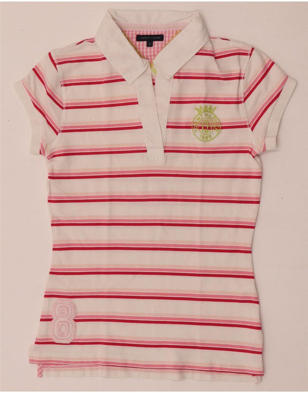 Tommy Hilfiger Womens Graphic Polo Shirt UK 8 Small White Striped