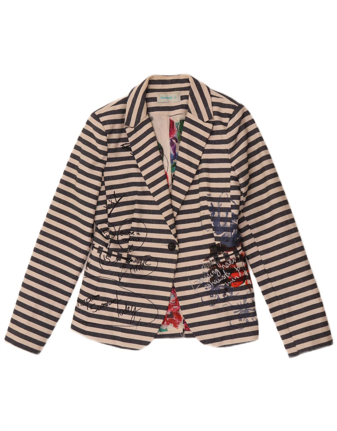 Desigual Womens Graphic Blazer Jacke EU 38 Mittelmarineblau gestreift