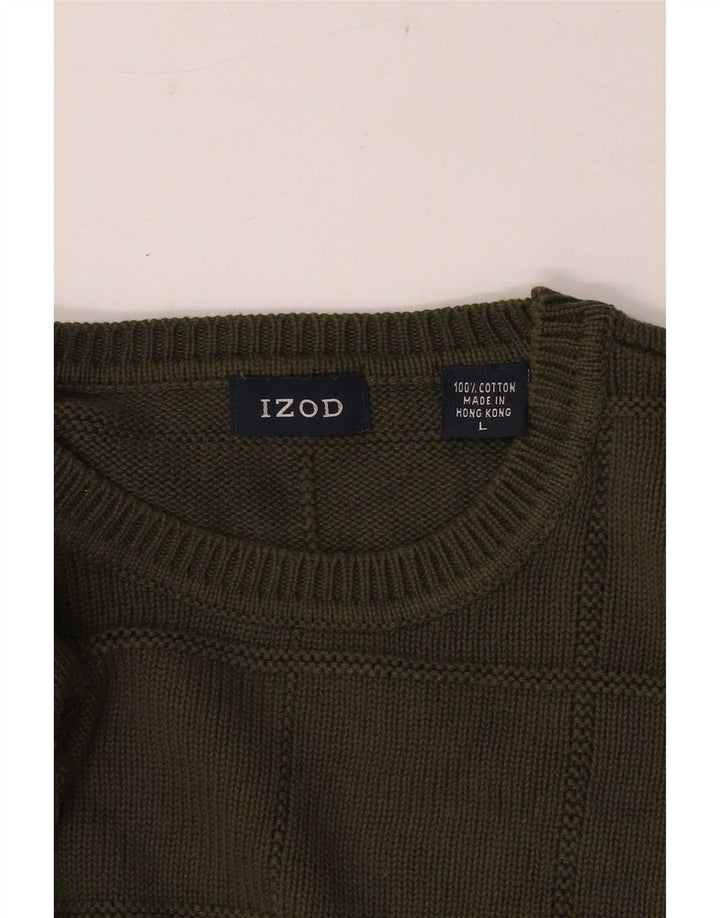 Izod Mens Crew Neck Jumper Sweater Large Khaki Check Cotton