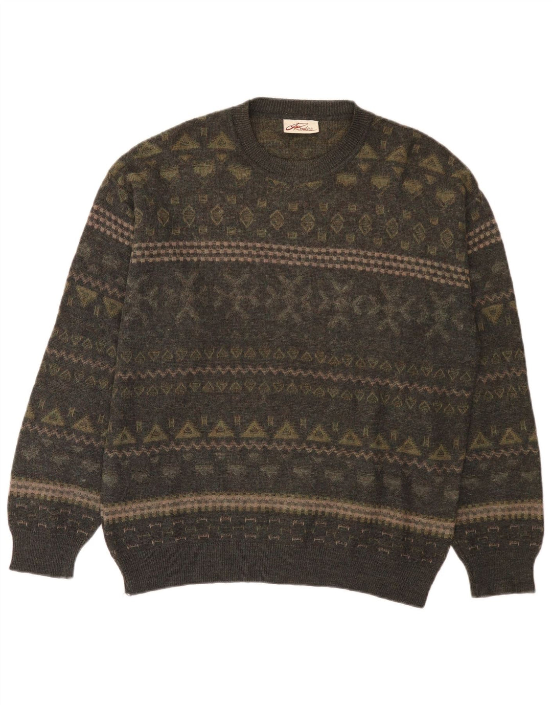 Rodes Mens Crew Neck Jumper Sweater Medium Khaki Fair Isle Wool