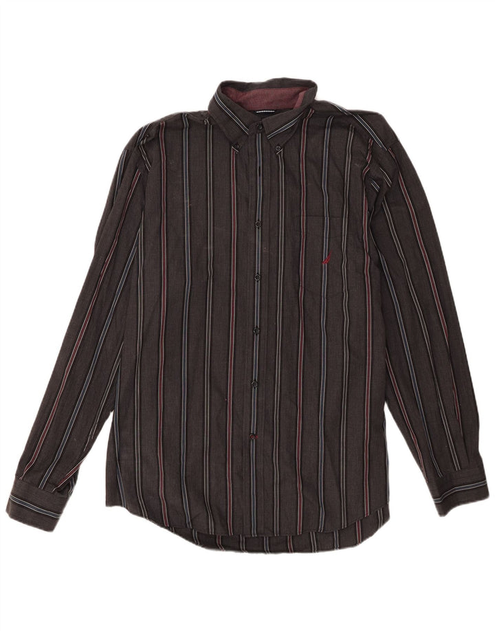 Nautica Mens Shirt XL Grey Striped Cotton