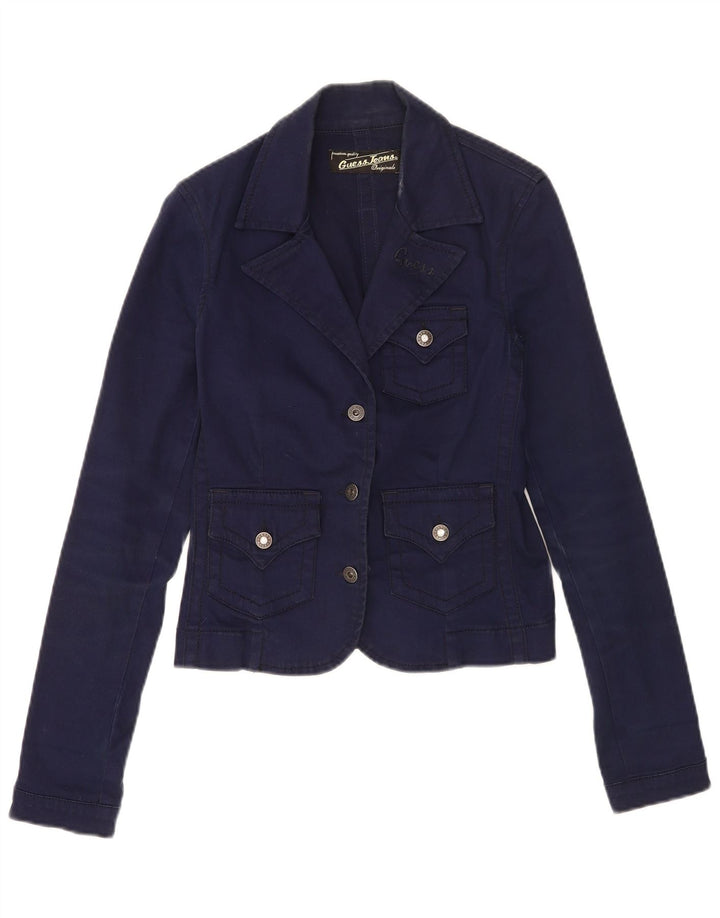 Guess Womens 3 Button Blazer Jacket UK 10 Small Navy Blue Cotton