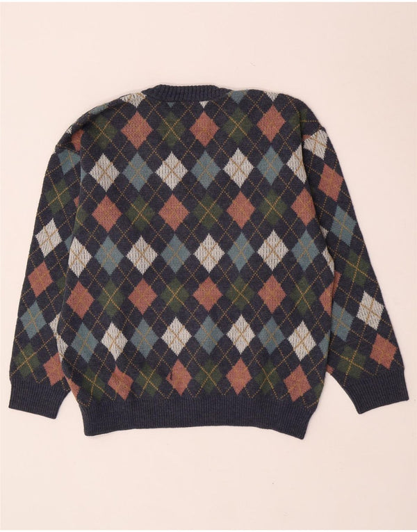 Vintage muški džemper s V-izrezom Veliki tamnoplavi Argyle/Diamond vuna