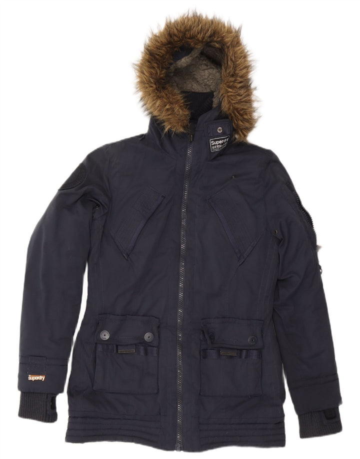 SUPERDRY Womens Hooded Windbreaker Jacket UK 14 Medium Navy Blue Polyester