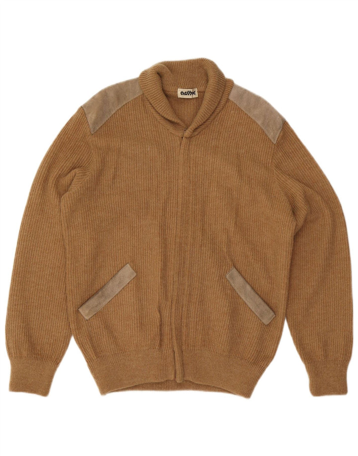 Vintage Mens Cardigan Sweater Medium Beige Colourblock Acrylic