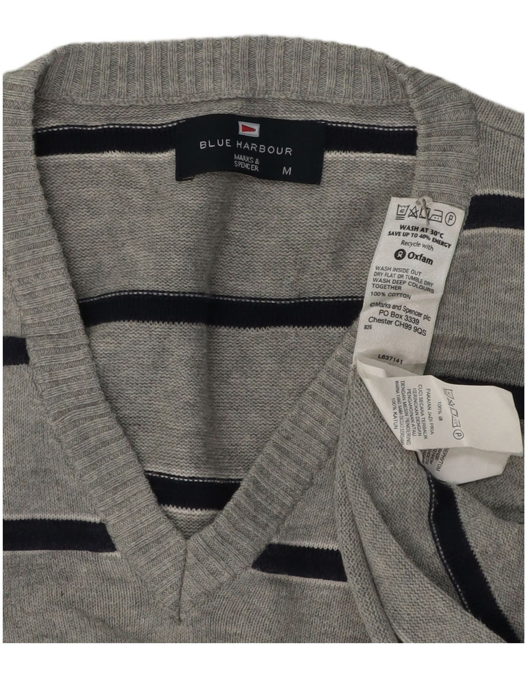 Marks & Spencer Mens Blue Harbour V-Neck Jumper Sweater Medium Grey Striped
