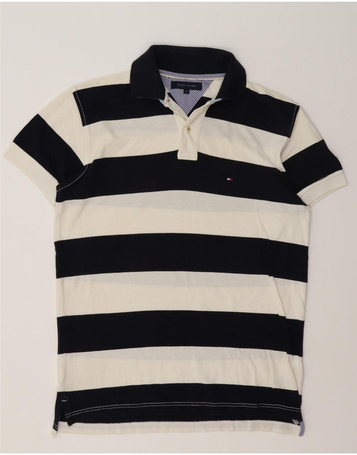 Tommy Hilfiger Mens Polo Shirt Medium Navy Blue Striped Cotton