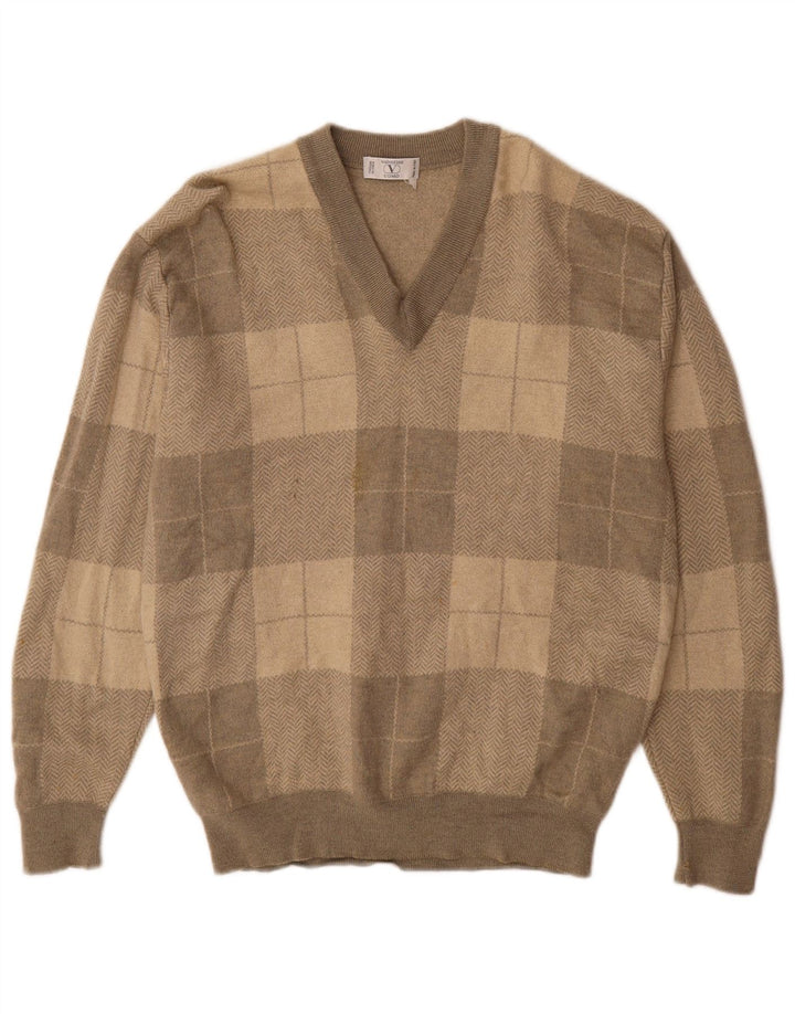 VALENTINO Mens V-Neck Jumper Sweater XL Grey Patchwork Wool