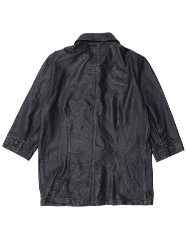 Les Copains Womens 3/4 Sleeve Leather Jacket IT 42 Medium Navy Blue Leather