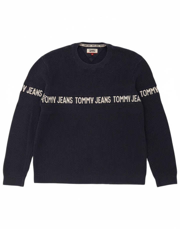 TOMMY HILFIGER Mens Graphic Crew Neck Jumper Sweater Medium Navy Blue