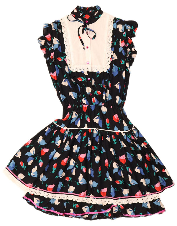 Abito da tè vintage da donna UK 12 medio nero floreale