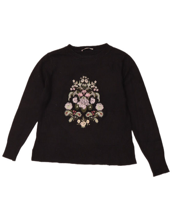Oasis Womens Boat Neck Jumper Sweater UK 12 Medium Black Floral Viscose