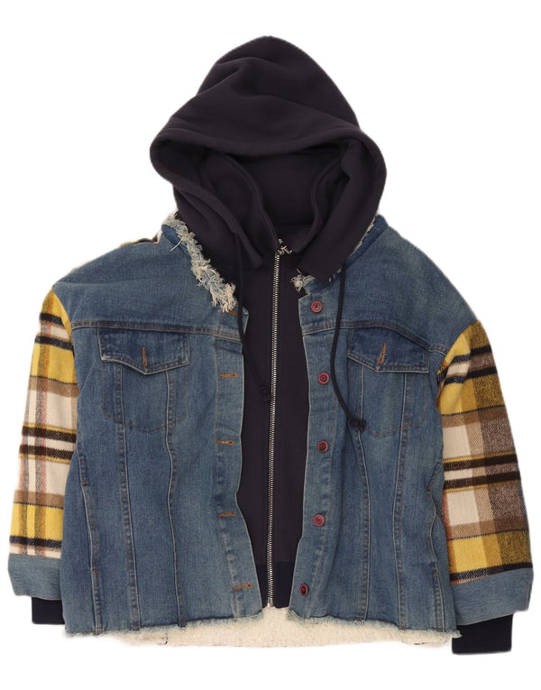 Jachetă Sherpa pentru bărbați vintage cu glugă UK 42 XL, bumbac cu check albastru
